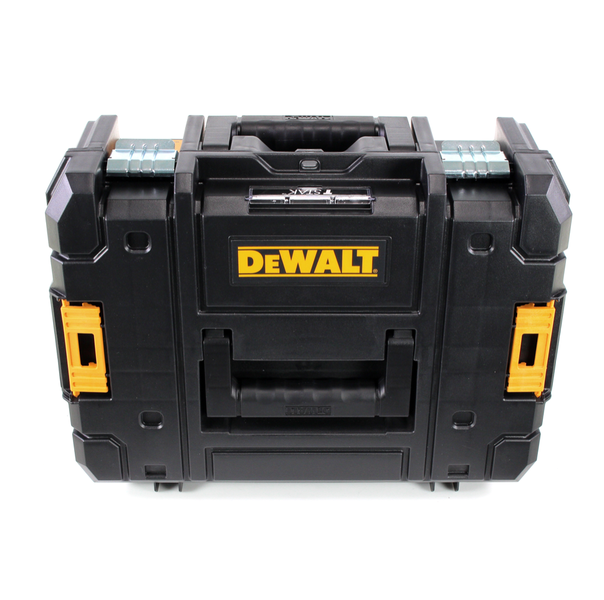 DeWALT TSTAK Werkzeugkoffer aus schwarzem Kunststoff mit gelben Elementen, Metallschließen und Tragegriff. DeWALT Logo.