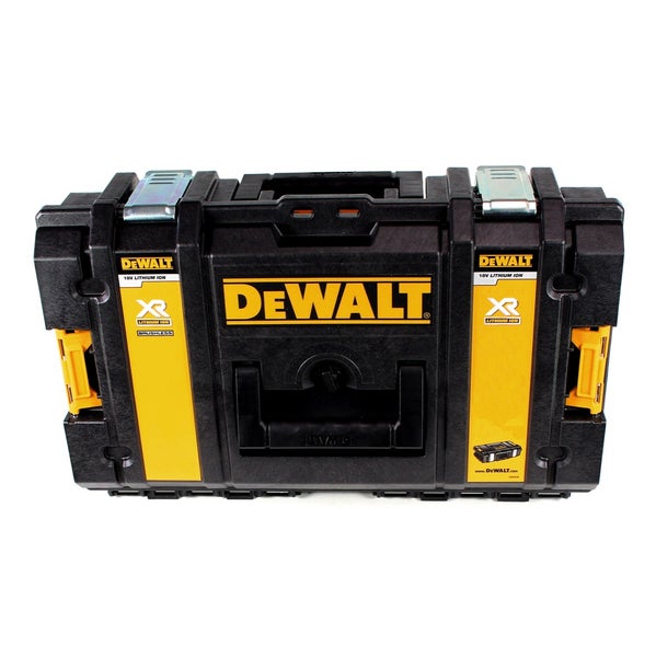 DeWALT Werkzeugkoffer aus Kunststoff mit Metallverschlüssen und 18 Volt XR Lithium Ionen Logo.
