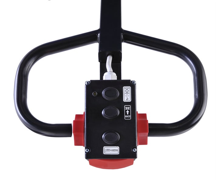 Bedienelemente eines Gabelhubwagens mit Hebe- und Senkfunktion sowie Signalhorn