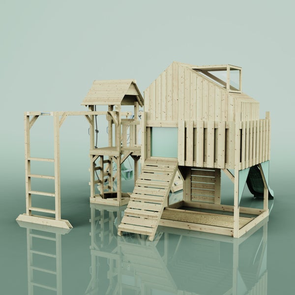 Holzspielhaus mit Rutsche, Leiter und Schaukel