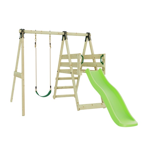 Spielplatz mit Schaukel und Rutsche aus Holz