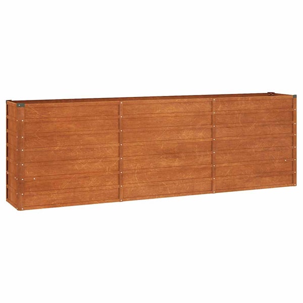 Hochbeet aus Holz, rechteckig, mit einer in drei Bereiche unterteilten Front aus waagerechten Latten.