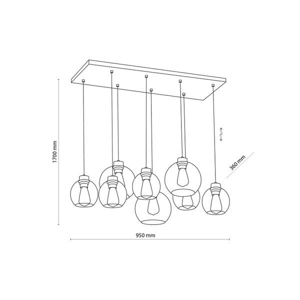 Technische Zeichnung einer Pendelleuchte mit sieben Leuchten, Abmessungen 1700 mm Höhe und 950 mm Breite