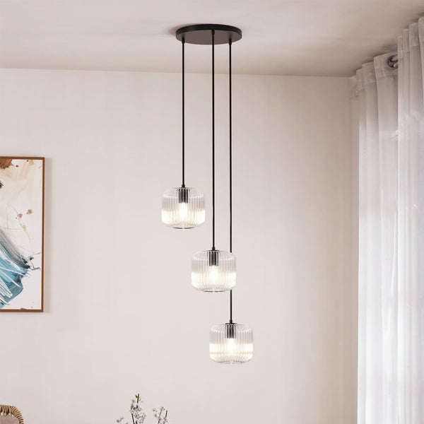 Pendelleuchte mit drei Lampen und Glasschirmen
