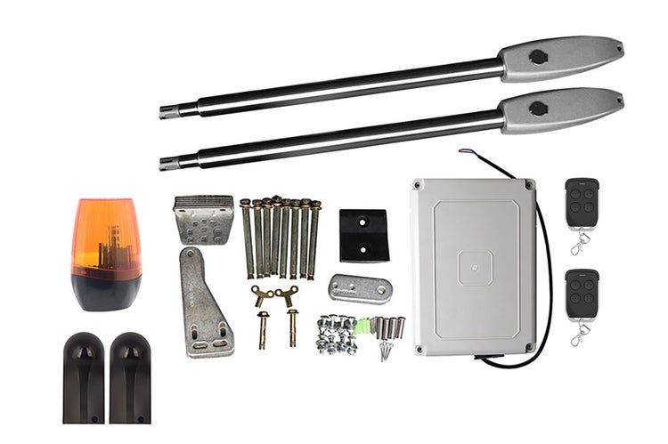 Drehtorantrieb-Set mit zwei Motoren, Steuerung, Handsendern, Warnleuchte, Lichtschranken und Montagematerial.