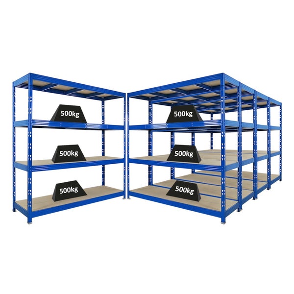 Blaues Schwerlastregal mit vier Ebenen und einer Traglast von 500 kg pro Ebene.
