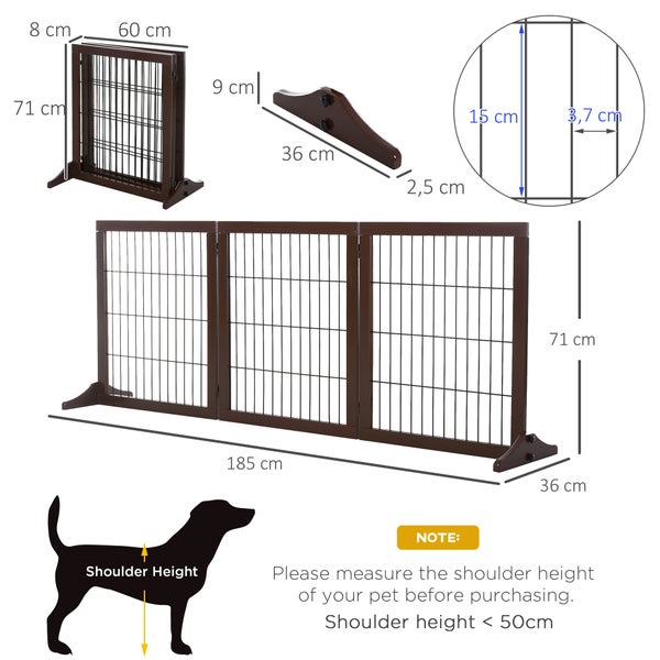 PawHut Absperrgitter für Hunde Schutzgitter Hundegitter mit Stützfüßen Treppengitter Hundeabsperrgitter Türschutzgitter für Kamin & Ofen, Kiefernholz Braun 185 x 36 x 71 cm
