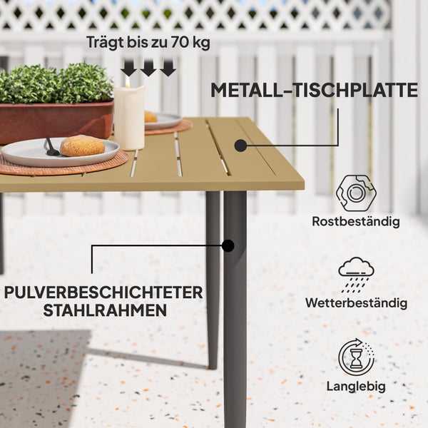 Gartentisch mit Metall-Tischplatte und pulverbeschichtetem Stahlrahmen. Belastbar bis 70 Kilogramm. Rostbeständig, wetterbeständig und langlebig.