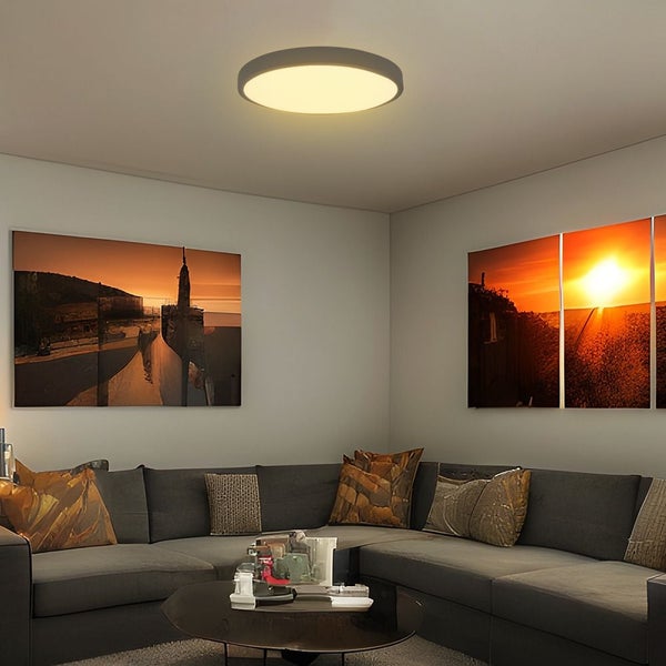 Wohnzimmer mit runder Deckenleuchte und Wandbildern