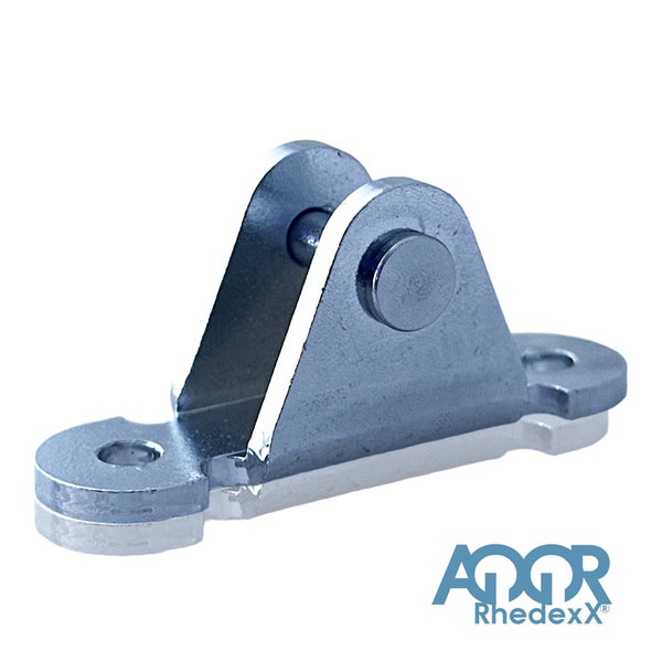 Lagerbock aus Metall mit Befestigungsbohrungen und AQOR RhedexX Logo