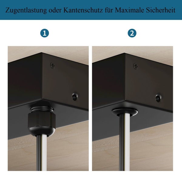 Vergleich von Zugentlastung und Kantenschutz an einem Deckenbaldachin für Kabeldurchführung.