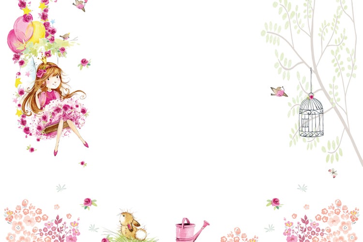 Wandtapete mit Blumenmädchen auf einer Schaukel und Tiermotiven im Aquarellstil für Kinderzimmer.