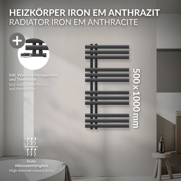LuxeBath Badheizkörper Iron EM 500x1000 mm Anthrazit Mittelanschluss mit Anschlussgarnitur und Thermostat Eck Wand, Design Heizkörper Bad Heizung Handtuchwärmer Handtuchtrockner Handtuchheizkörper