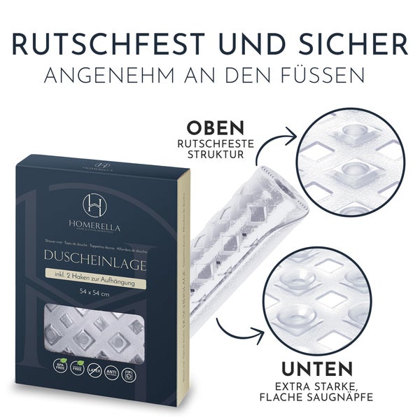 Homerella® Duschmatte rutschfest - 100% BPA frei - Inkl. 2 Haken zum Aufhängen 53x53cm - Antirutschmatte Dusche hautsensitiv & schimmelresistent - Duscheinlage maschinenwaschbar