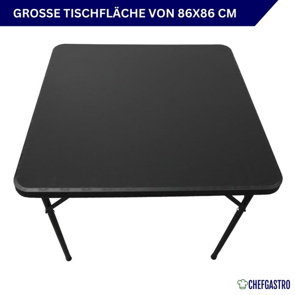 Schwarzer quadratischer Klapptisch mit einer großen Tischfläche von 86 mal 86 Zentimetern, ChefGastro Logo.