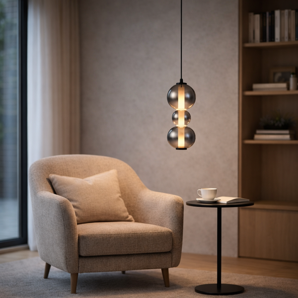 Wohnzimmerambiente mit Sessel, Beistelltisch und Glaskugel-Pendelleuchte für eine gemütliche Atmosphäre