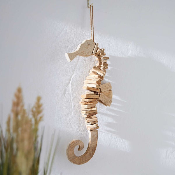FRANK FLECHTWAREN | Hänger Seepferdchen, HOLZ, METALL, HANF, 19 x 6 x 45 cm