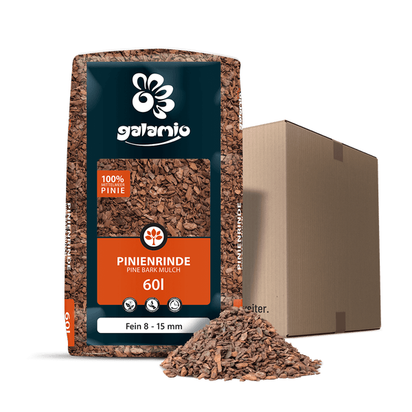 Galamio Pinienrinde fein 8 bis 15 Millimeter, 60 Liter Sack aus 100 Prozent Mittelmeer-Pinie, inklusive Versandkarton und einer Probe des Rindenmulchs.