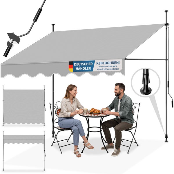 Graue Klemmmarkise ohne Bohren, höhenverstellbar mit Teleskopstangen und Kurbel, Personen sitzen an einem Tisch unter dem Sonnenschutz.