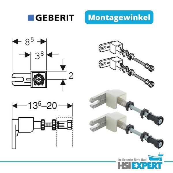 Geberit Montagewinkel Produktansicht mit Maßen und Installationsdetails