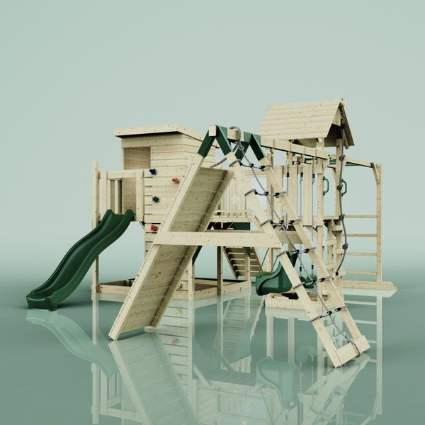 Holzspielplatz mit Rutsche, Kletterwand und Schaukel