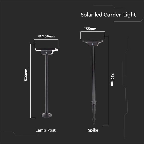 Abmessungen einer LED Solar Gartenleuchte mit Lampenpfosten und Erdspieß