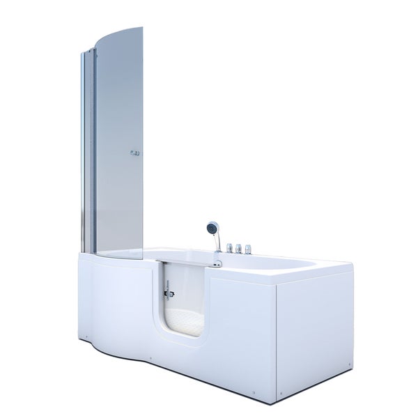 Weiße barrierefreie Badewanne mit niedriger Einstiegstür, gläserner Duschwand und verchromten Armaturen.
