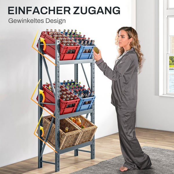 HOMCOM Getränkekistenregal für 6 Kisten, Freistehend Getränkeregal mit 3 Verstellbaren Ebenen, Kistenregal, 80 x 30 x 160 cm, Stahl, Grau