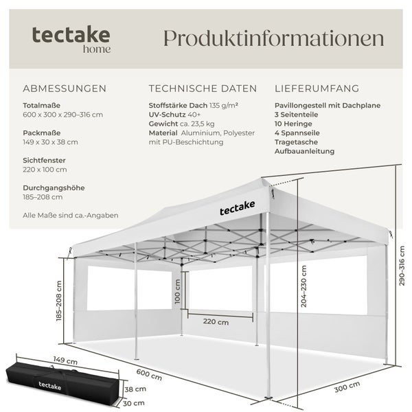 tectake home Logo, Infografik für Faltpavillon 6 mal 3 Meter mit Maßen, technischen Daten und Lieferumfang inklusive Transporttasche.
