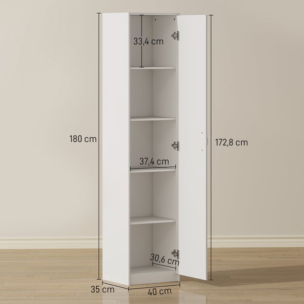Weißer Hochschrank mit einer Tür und fünf Fächern, Maße 180 mal 40 mal 35 Zentimeter, mit Detailmaßen der Innenfächer.