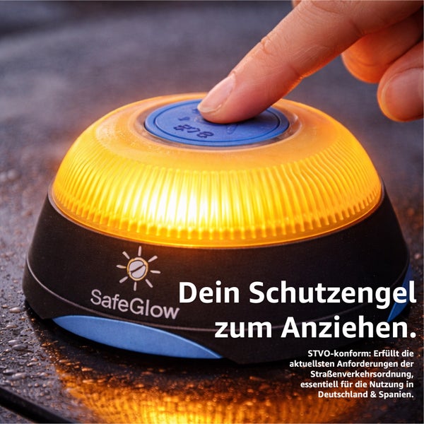 SafeGlow Warnleuchte mit Finger auf dem Knopf