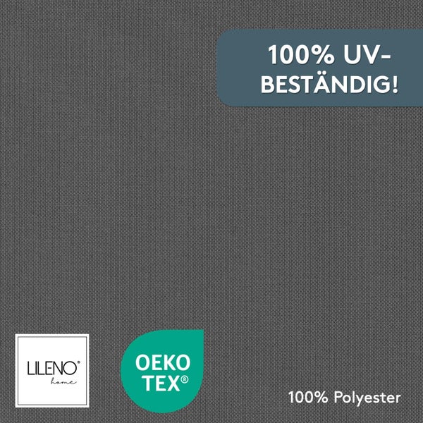 Lileno Home Logo, Oeko-Tex-Siegel für schadstoffgeprüfte Textilien, 100 Prozent UV-Beständigkeit und 100 Prozent Polyester auf einem Stoff.
