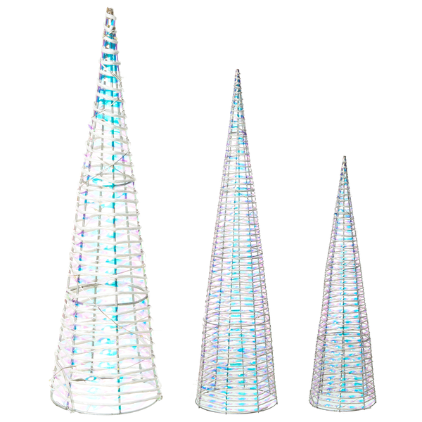 Drei dekorative Kegel in unterschiedlichen Größen, mit Drahtrahmen und irisierenden Einsätzen.