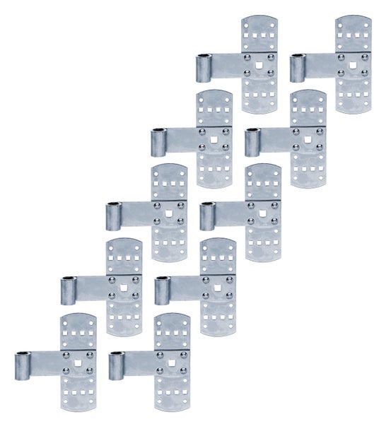 Set von verzinkten Ladenbändern mit Gelenk und zahlreichen Befestigungslöchern zur Montage von Fensterläden oder Türen.