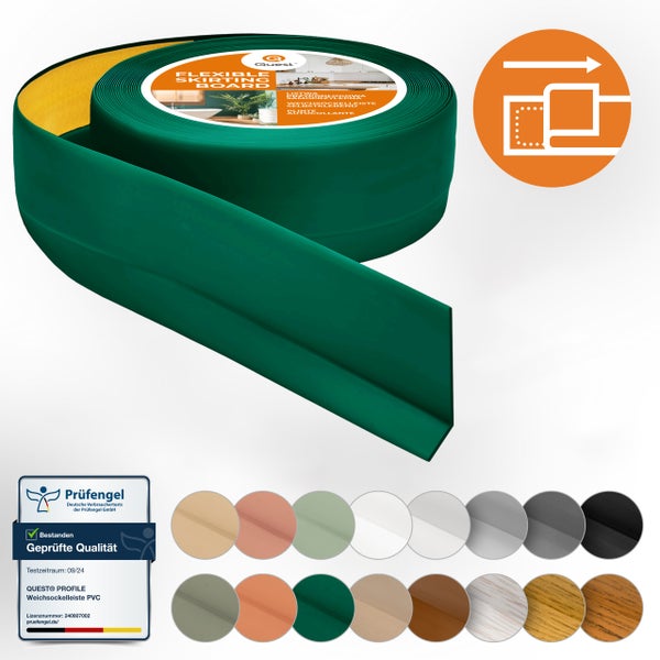 Flexible PVC Weichsockelleiste auf Rolle als selbstklebendes Bodenprofil mit Prüfsiegel fuer verschiedene Bodenuebergaenge und Wandabschluesse