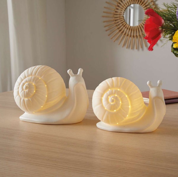 FRANK FLECHTWAREN | LED-Schnecke White, 2er Set, PORZELLAN, KUNSTSTOFF, 11,5 x 7 x 8,0 cm, 13,5 x 8 x 10 cm