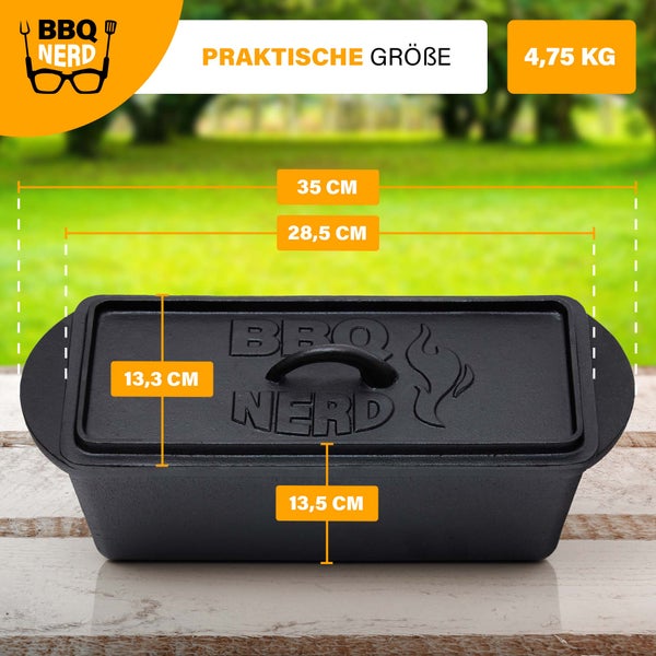 BBQ-Nerd Kleine Brotbackform 3 L - Gusseisen Kastenform mit Deckel | Backform für Ofen, Grill, Feuer | Brottopf Dutch Oven für Hackbraten Fleischkäse Brot