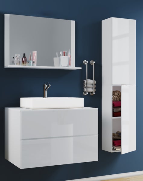 Modernes Badezimmermöbel-Set in Weiß Hochglanz mit Waschtischunterschrank, Aufsatzwaschbecken, Spiegel mit Ablage und Hochschrank.
