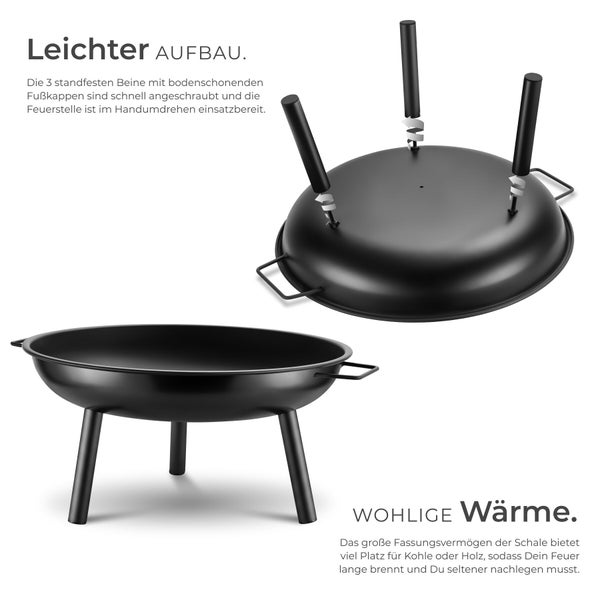 Schwarze Feuerschale aus Metall mit drei schraubbaren Beinen und zwei Griffen. Zeigt den einfachen Aufbau und die fertig montierte Schale.