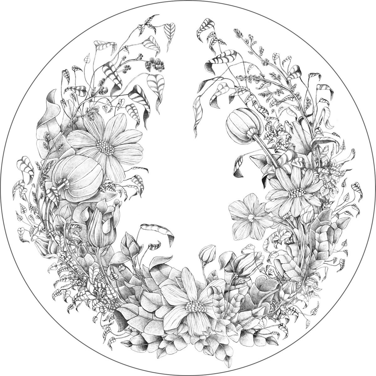 ESTAhome selbstklebende runde Tapete Blumenzeichnungen Schwarz-Weiß - Ø 70 cm - 159108