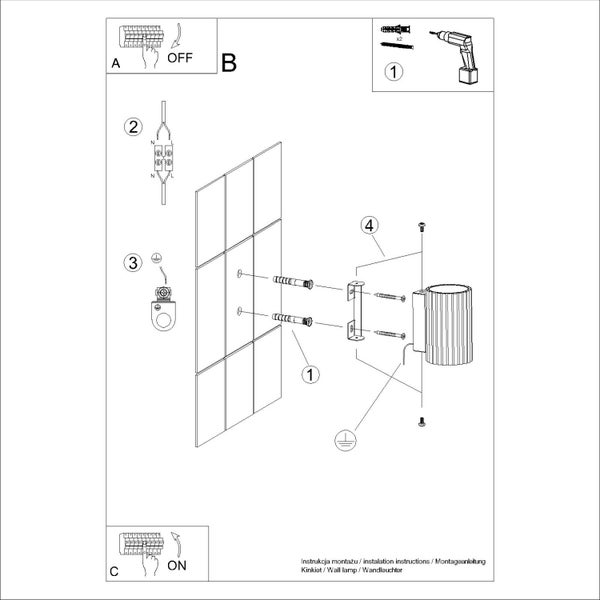 Installationsanleitung für eine Wandleuchte mit Werkzeugen und Montageanleitung