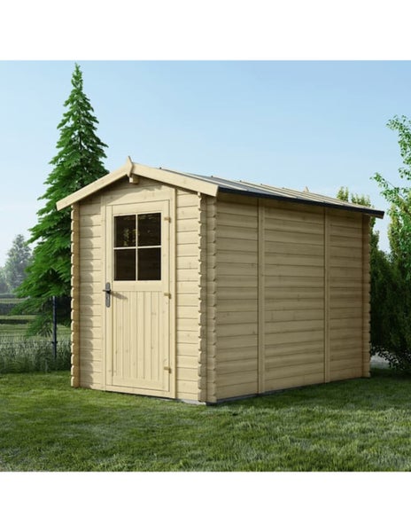 Gartenhaus aus Holz mit Satteldach und Einzeltür mit Sichtfenster in einem Garten