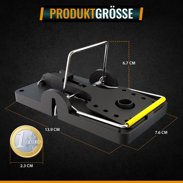 Mausefalle aus Kunststoff mit Maßen: 13,9 Zentimeter Länge, 7,6 Zentimeter Breite und 6,7 Zentimeter Höhe. 1 Euro Münze als Größenvergleich.