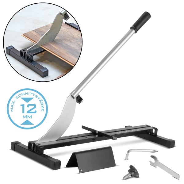 Manueller Laminatschneider aus Metall mit Hebelarm, Zubehör und Detailansicht beim Schneiden. Maximale Schnittstärke 12 Millimeter.