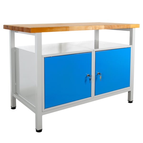 PROREGAL Werkbank Rhino mit Ablagefläche 2 Türen HxBxT 84 x 120 x 60 cm Traglast 300 kg Lichtgrau Blau