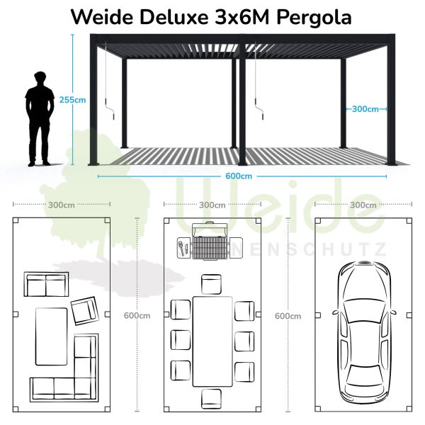 Weide Deluxe Pergola 3 x 6 M - Freistehend, Voll-Aluminium, Lamellendach, Weiß