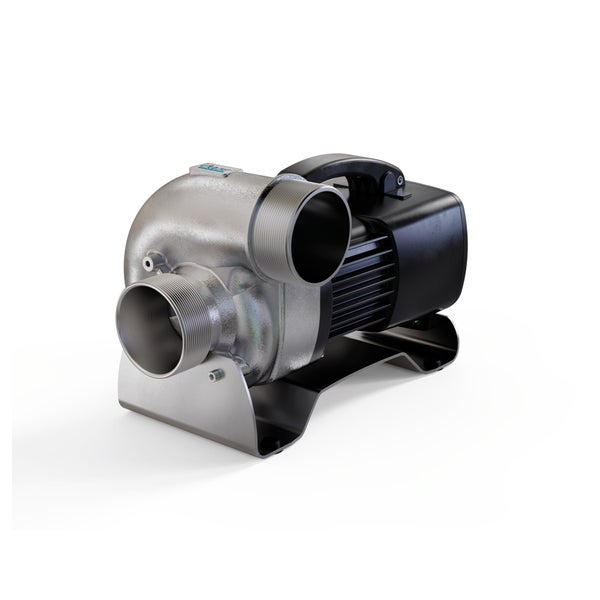 Kreiselpumpe mit Edelstahlgehäuse, schwarzem Motorblock, Tragegriff und Metallstandfuß.