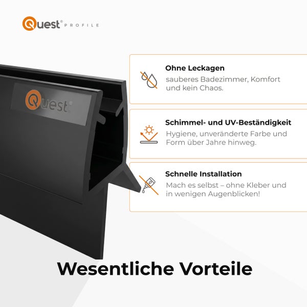 Quest Profile Logo. Schwarzes Kunststoffprofil mit Vorteilen: Schutz vor Undichtigkeiten, Schimmelresistenz, UV-Beständigkeit und Montage ohne Kleber.