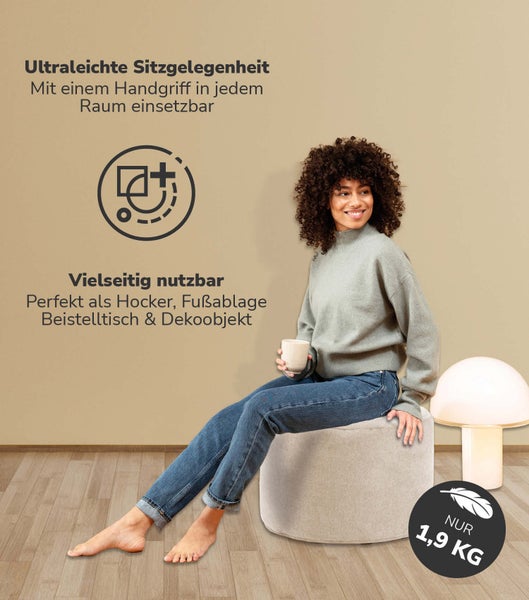 mokebo Pouf, Hocker o. Bodenkissen 'Der Ruhepouf' Sitzhocker rund und Fußhocker fürs Wohnzimmer, leichter Sitzpouf aus Stoff in Beige