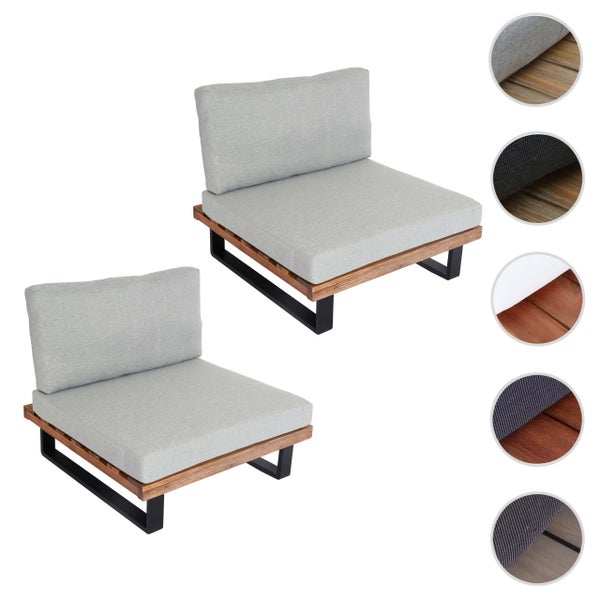 Zwei modulare Garten-Loungesessel mit Holzbasis, schwarzen Metallbeinen und grauen Auflagen sowie Materialkombinationen in Detailansichten.